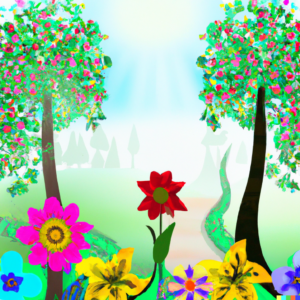 DALL-E tekoälyllä tuotettu kuva. Several different colorful flowers in a park with trees, digital art.
